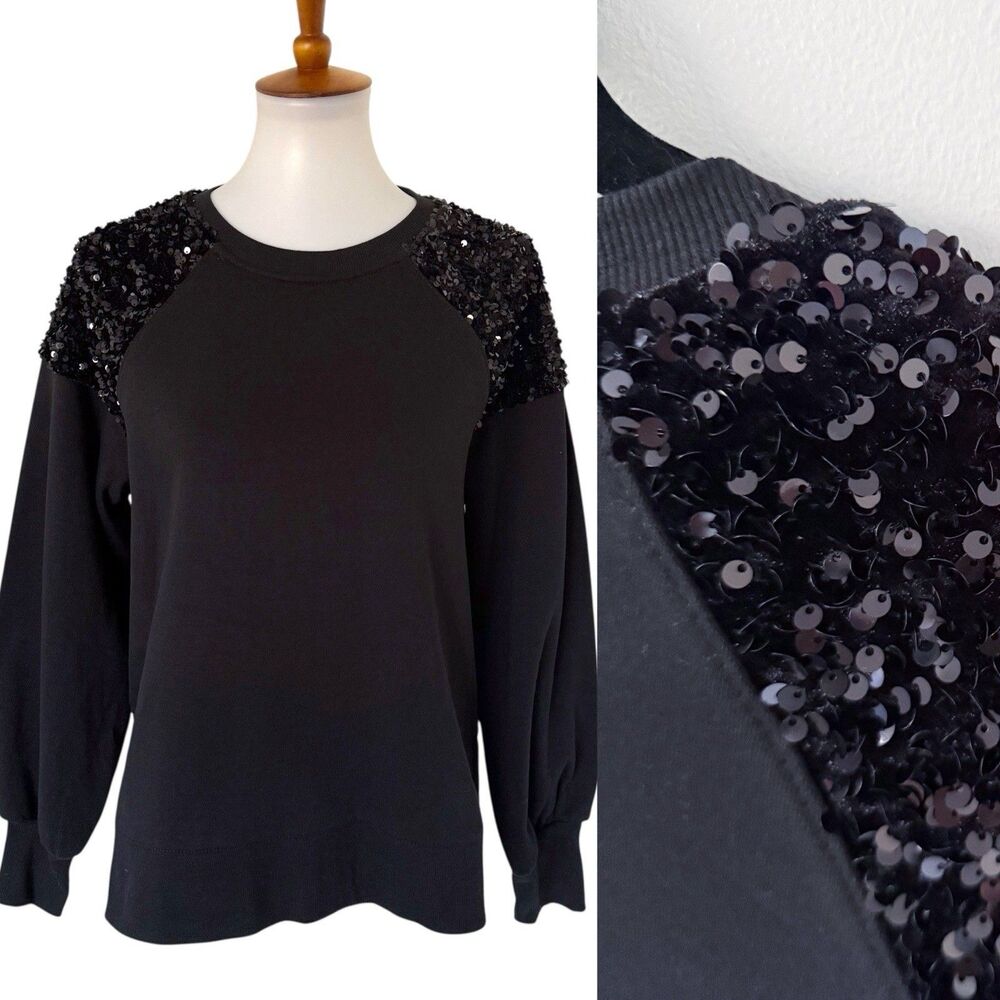 Maurices Women Sz Small Black Sequin Shoulder Pullover Sweatshirt W/ Side Spilt